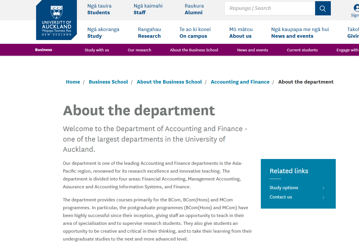 Accounting and Finance Department, Graduate School of Management, University of Auckland